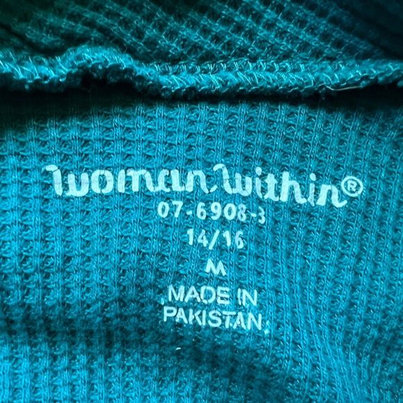 Woman Within Size M (14/16) Teal Blue Green Thermal Waffle Cowl Neck Tunic Top - Picture 4 of 8